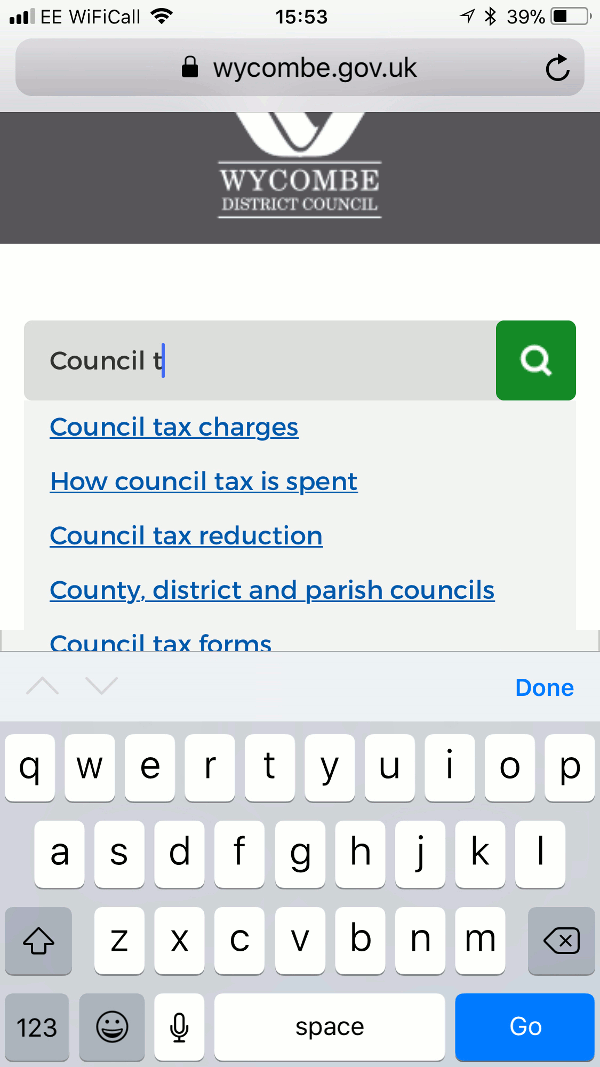 Search facility of Wycombe District Council website as viewed on a mobile device